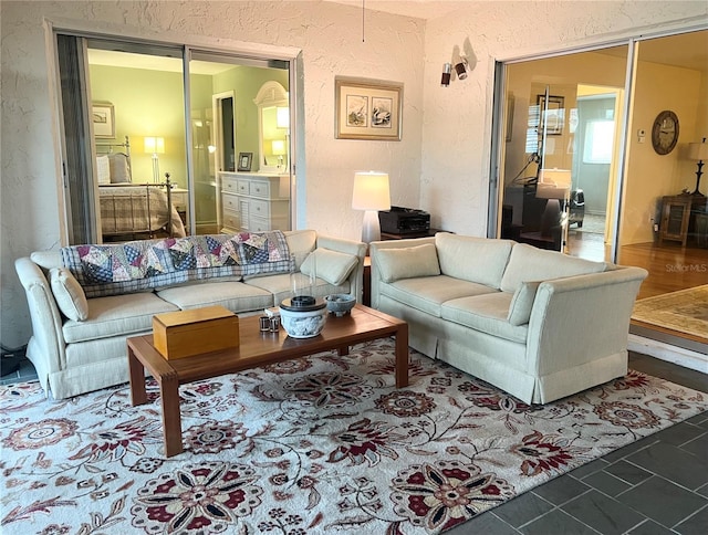 living room featuring tile patterned floors