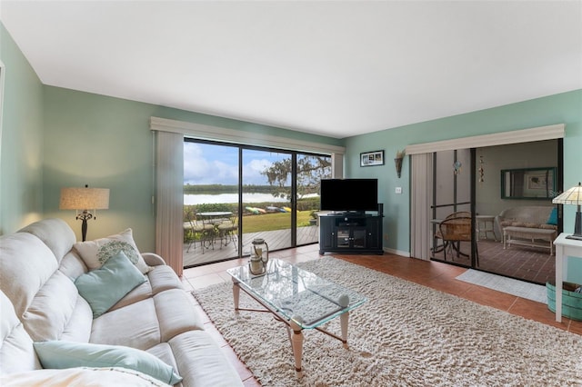 living room with light tile patterned floors