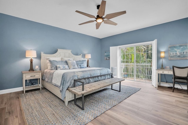 bedroom with ceiling fan, access to exterior, and light hardwood / wood-style floors