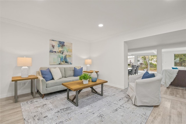 living room with wood-type flooring and ornamental molding