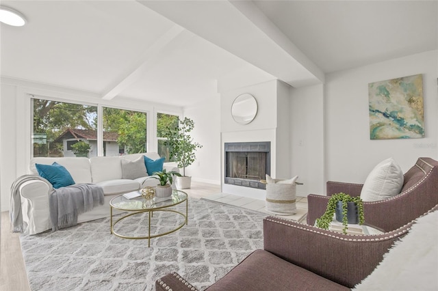 living room with beamed ceiling