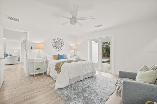 bedroom featuring french doors, ceiling fan, access to exterior, and light hardwood / wood-style floors