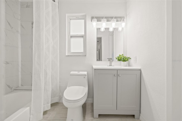 full bathroom featuring vanity, shower / tub combo, and toilet