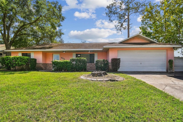 single story home with a garage and a front yard