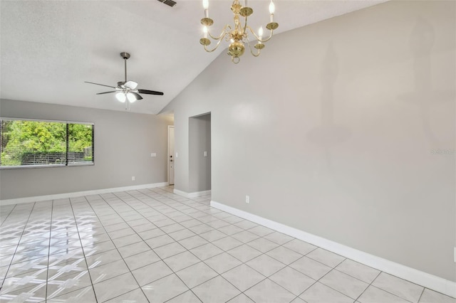 unfurnished room with ceiling fan with notable chandelier, light tile patterned floors, and high vaulted ceiling