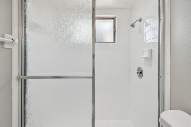 bathroom featuring a shower with door