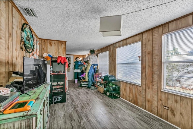 recreation room with wood walls and wood-type flooring