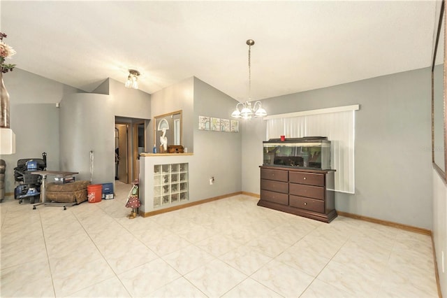 interior space with decorative light fixtures, lofted ceiling, and a notable chandelier