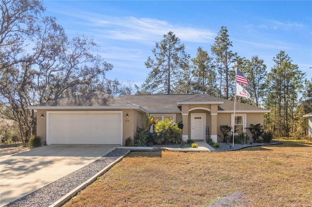 single story home featuring a front lawn, roof with shingles, stucco siding, driveway, and an attached garage