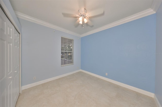 unfurnished bedroom featuring a closet, ceiling fan, and ornamental molding