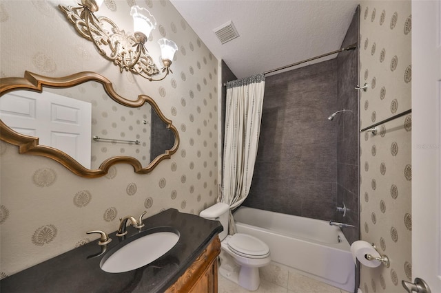 full bathroom featuring tile patterned flooring, toilet, a textured ceiling, vanity, and shower / bathtub combination with curtain