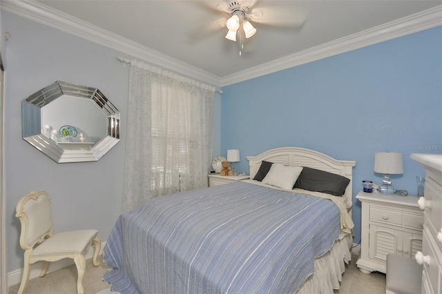 bedroom featuring ceiling fan and ornamental molding