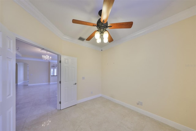 unfurnished room featuring arched walkways, baseboards, visible vents, ceiling fan with notable chandelier, and crown molding