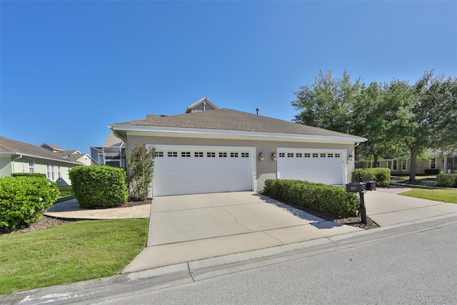 single story home with an attached garage, driveway, roof with shingles, and stucco siding