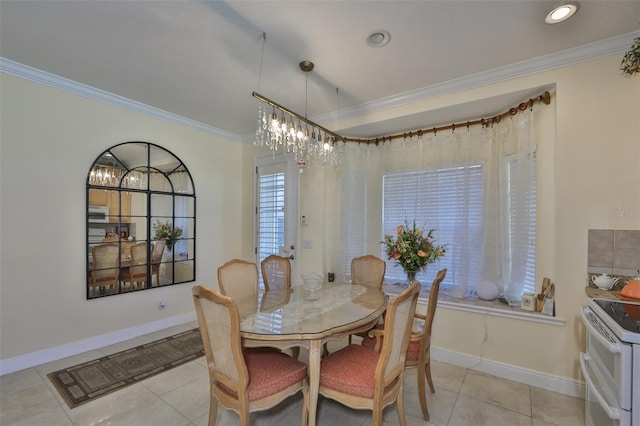 dining room featuring light tile patterned flooring, baseboards, recessed lighting, a chandelier, and ornamental molding