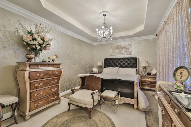 carpeted bedroom with a chandelier, a raised ceiling, and ornamental molding