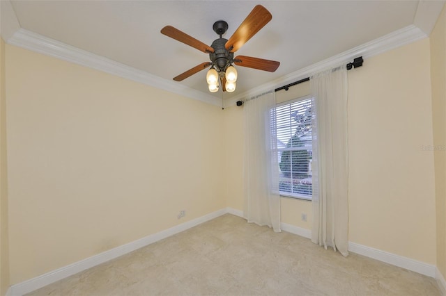 unfurnished room with a ceiling fan, baseboards, and ornamental molding