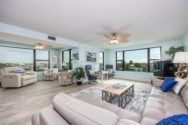 living room with ceiling fan, a textured ceiling, and light hardwood / wood-style flooring