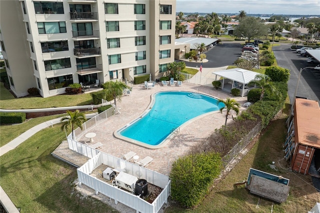 view of swimming pool featuring a gazebo and a patio