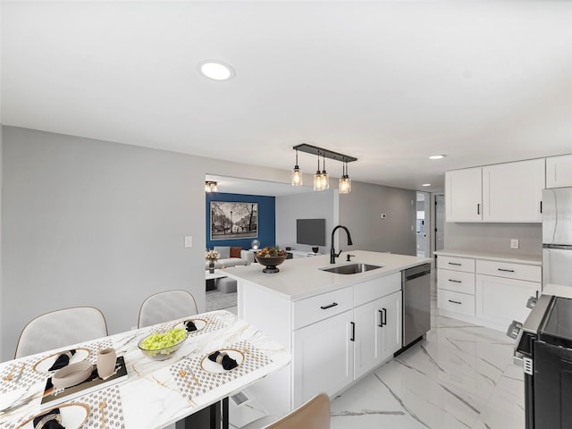 kitchen with marble finish floor, electric range, a kitchen island with sink, a sink, and dishwasher