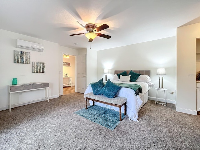 bedroom with ceiling fan, carpet flooring, and a wall mounted AC