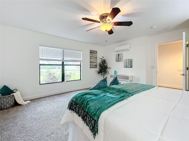 bedroom with carpet flooring, a wall mounted air conditioner, and ceiling fan