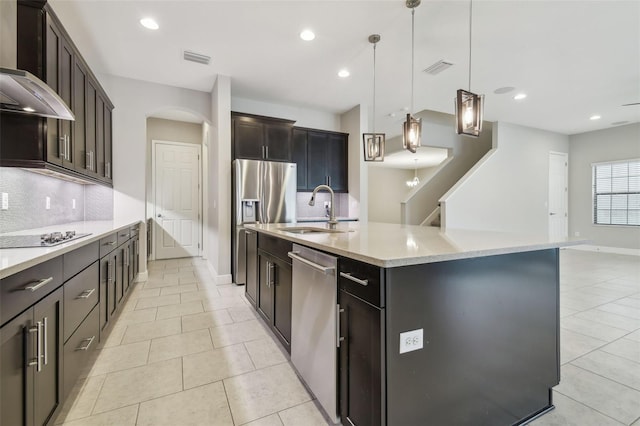 kitchen with decorative backsplash, sink, a kitchen island with sink, and stainless steel appliances