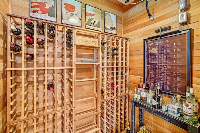 wine room featuring wooden walls