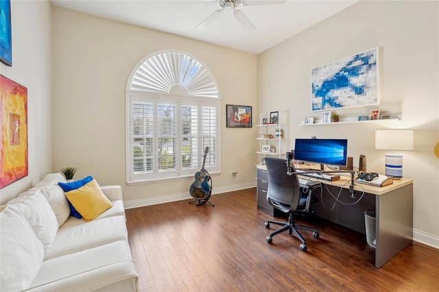 office space featuring dark wood-type flooring and ceiling fan