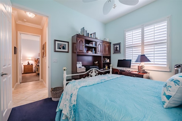 tiled bedroom featuring crown molding and ceiling fan