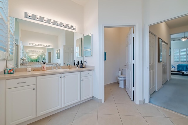 bathroom with ceiling fan, tile patterned floors, toilet, and vanity