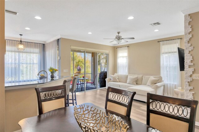 living room with ceiling fan, light hardwood / wood-style flooring, and crown molding