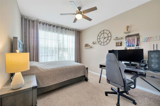 bedroom with light colored carpet and ceiling fan