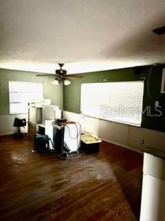 interior space with dark hardwood / wood-style flooring and ceiling fan