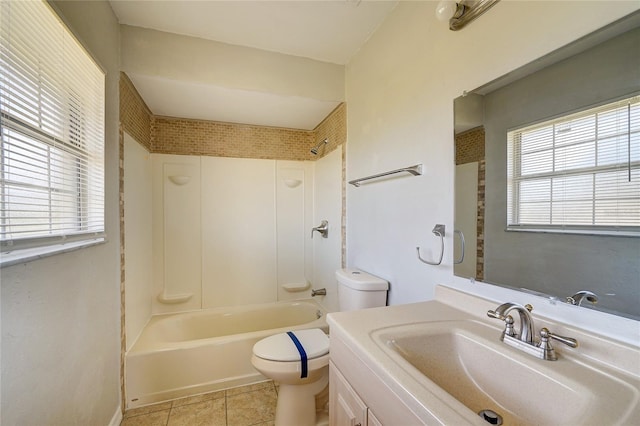 full bathroom featuring toilet, shower / bath combination, a healthy amount of sunlight, and tile patterned floors