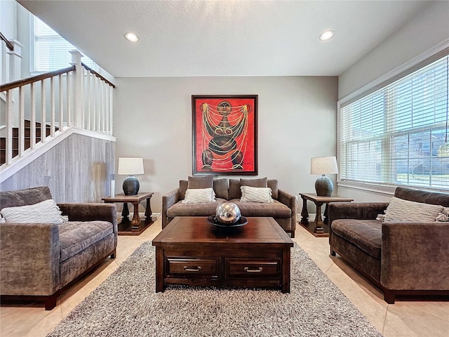 living room featuring light tile patterned floors