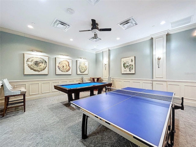 recreation room featuring crown molding, ceiling fan, and billiards