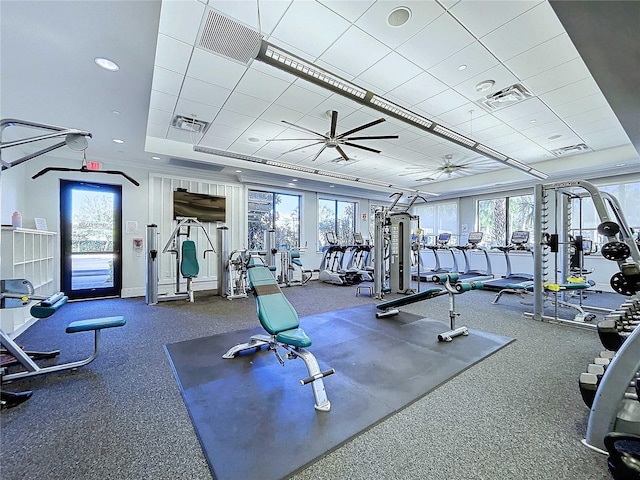 exercise room featuring a paneled ceiling, a wealth of natural light, ceiling fan, and a tray ceiling