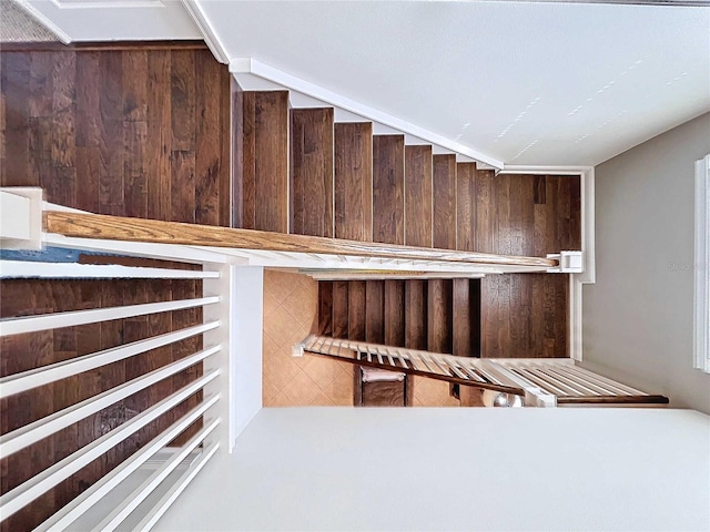 staircase featuring wooden walls