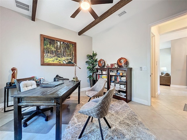 office space featuring vaulted ceiling with beams, ceiling fan, and light tile patterned floors