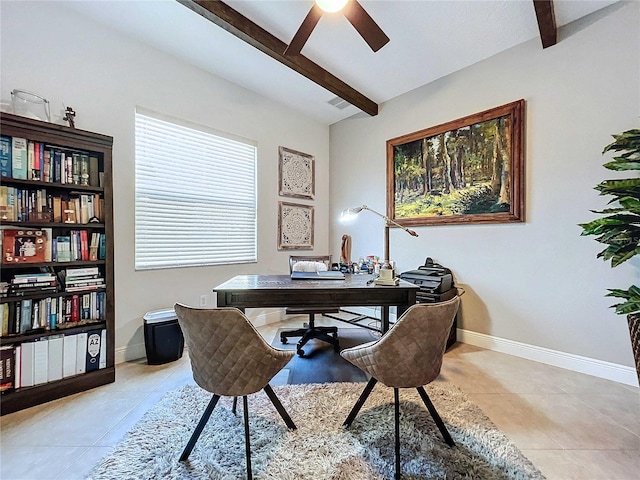 home office featuring beam ceiling, ceiling fan, and light tile patterned flooring