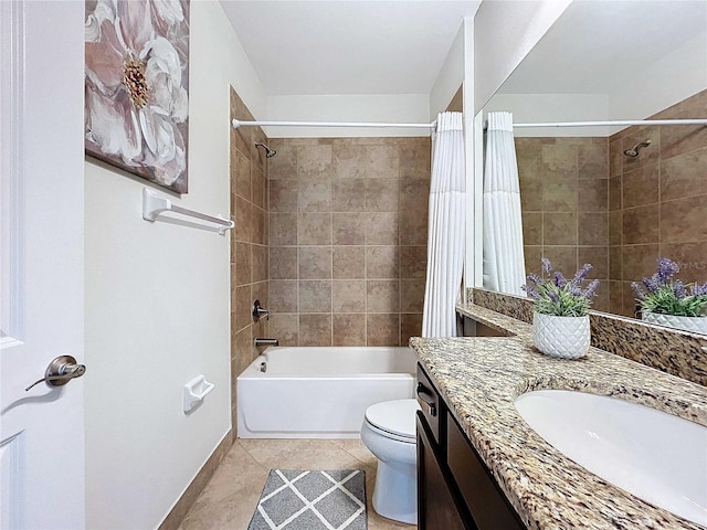 full bathroom featuring tile patterned flooring, vanity, shower / bathtub combination with curtain, and toilet