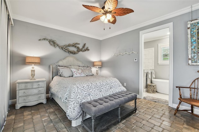 bedroom featuring ceiling fan and ornamental molding