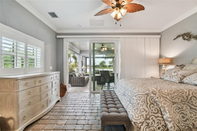 bedroom with ceiling fan, crown molding, and access to outside