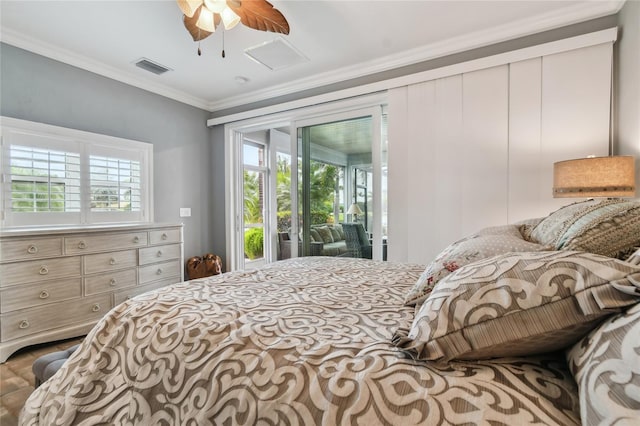 bedroom with access to exterior, ceiling fan, and ornamental molding