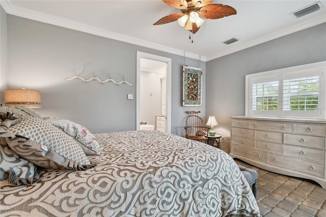 bedroom with crown molding, connected bathroom, and ceiling fan