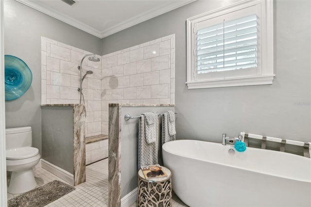 bathroom with plus walk in shower, toilet, tile patterned flooring, and ornamental molding