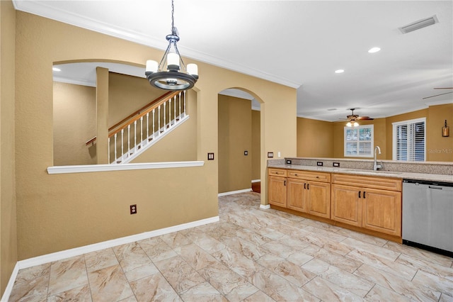 kitchen with ceiling fan with notable chandelier, sink, hanging light fixtures, stainless steel dishwasher, and crown molding