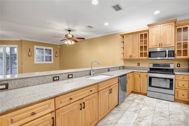 kitchen with crown molding, light brown cabinetry, appliances with stainless steel finishes, sink, and light stone counters