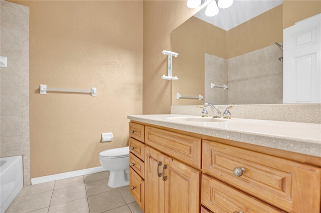 full bathroom with washtub / shower combination, toilet, tile patterned floors, and vanity